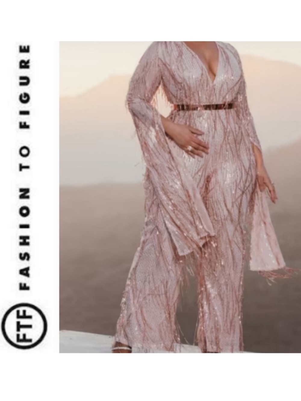 Fashion to Figure Black Label Eva Sequin Fringe Jumpsuit 1X Plus Women’s Pink